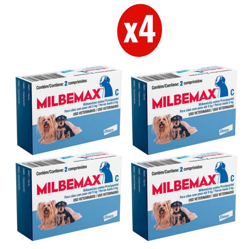 Kit 4 Vermífugo Milbemax C para Cães de até 5kg 2 Comprimidos Elanco em Oferta na Shopee