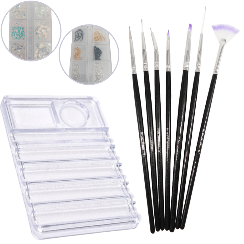 Kit Porta Pincel Acrílico + 7 Pinceis e 2 Decorações Nail Art Porta Pincel Porta Decoração