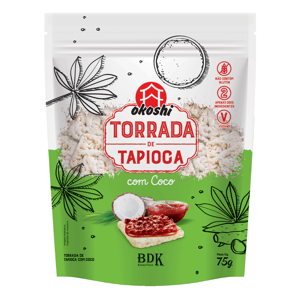 10 unidades - Torrada de Tapioca com Coco Okoshi Sem Glúten Sem Lactose Vegano
