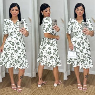 Vestido Midi Estampado com elastex nas costas e botões de detalhe