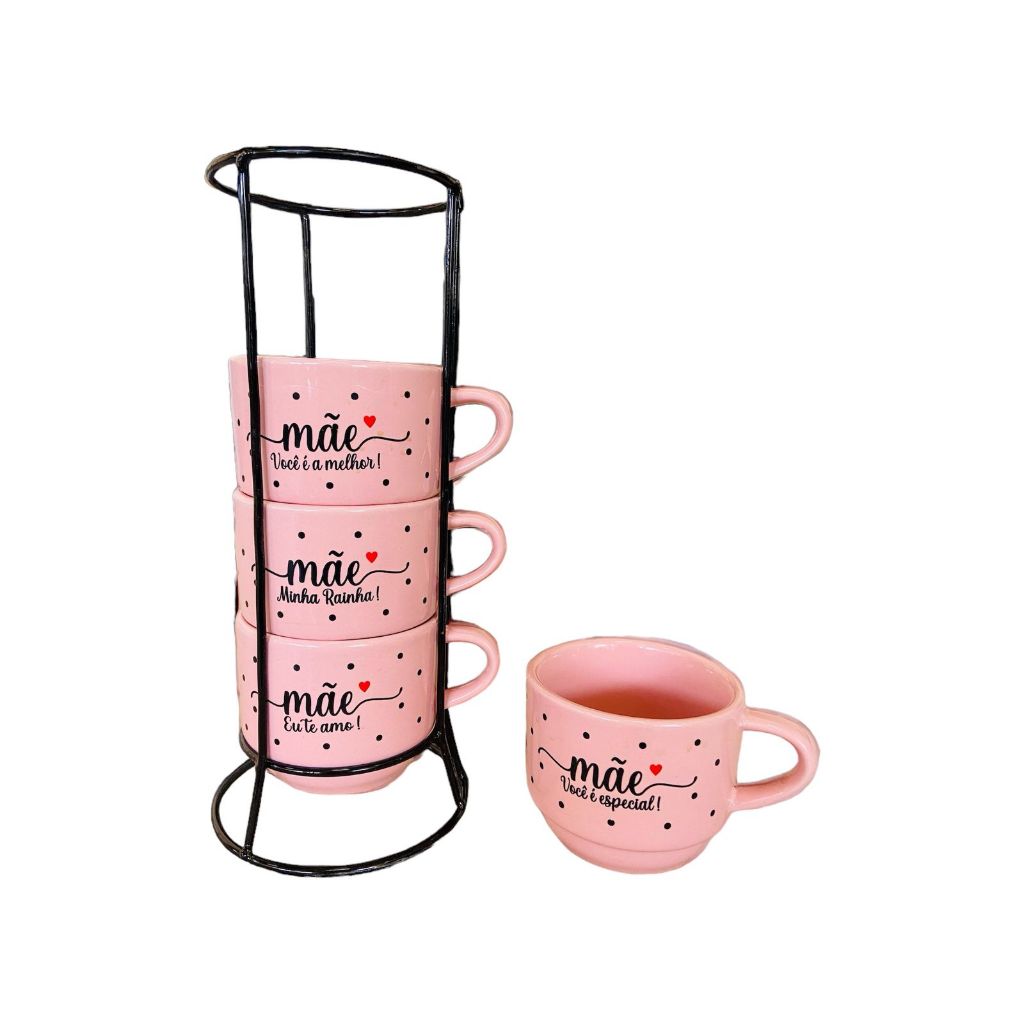 Jogo De Xícaras Café Chá Rosa Com Suporte 4 Canecas Mãe Poá