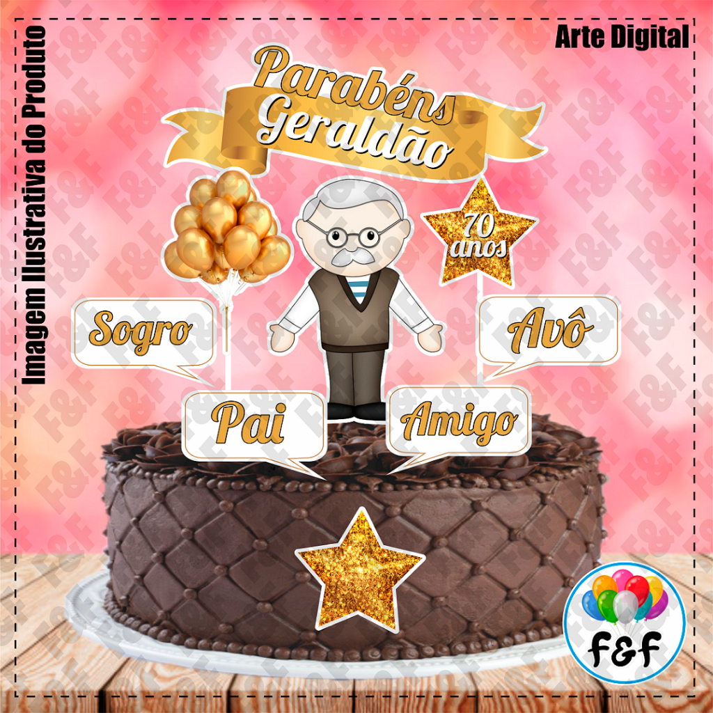 Topper Topo de Bolo Personalizado C/ Nome E Idade Vovô Avô Papai Pai Mod.02