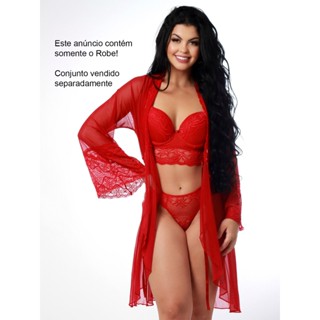 Robe Hobby Hobbie Roupão Lingerie Feminino Sexy De Tule Liso Com Renda Curto Transparente