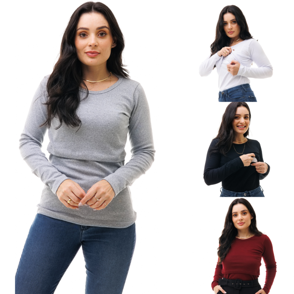 Kit com 4 Blusas de Manga Longa com Abertura Para Amamentação em Oferta na Shopee