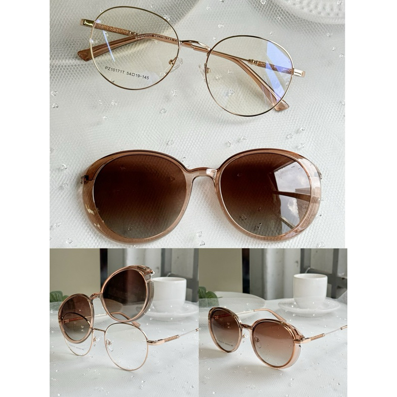 Armação de óculos Clipon 2 Em 1 Feminino Redondo / Perna com detalhes brilho /Moda Lente escuro Polarizada 10171T