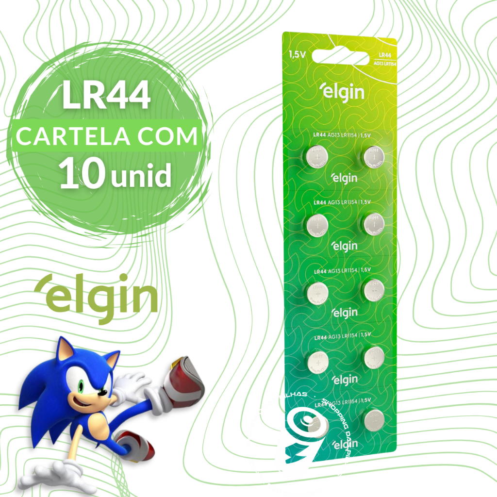 Baterias Alcalinas LR44 AG13 L1154 Elgin Moeda Botão Relógio - Cartela com 10 Unidades