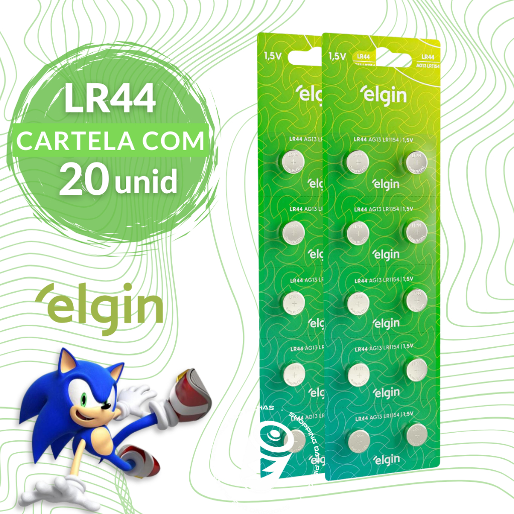 20 Baterias Alcalinas LR44 AG13 L1154 Elgin Moeda Botão Relógio - 02 Cartelas com 10 Unidades