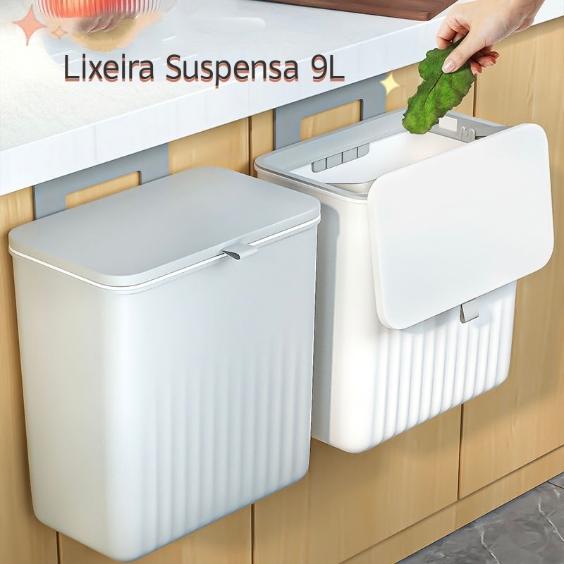 Lixeira Suspensa 9 Litros Com Tampa E Suporte Alto De Adesivos E Alça De Pentura Para Cozi...
