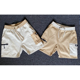 Short Bicolor Sarja Masculino Academia Bermuda Treino Cargo Bege Marrom Bolso E Ziper