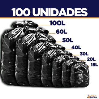 Saco de Lixo 100 unidades Resistentes - Tamanhos 15/20/30/40/50/60/100 Litros em Oferta na Shopee