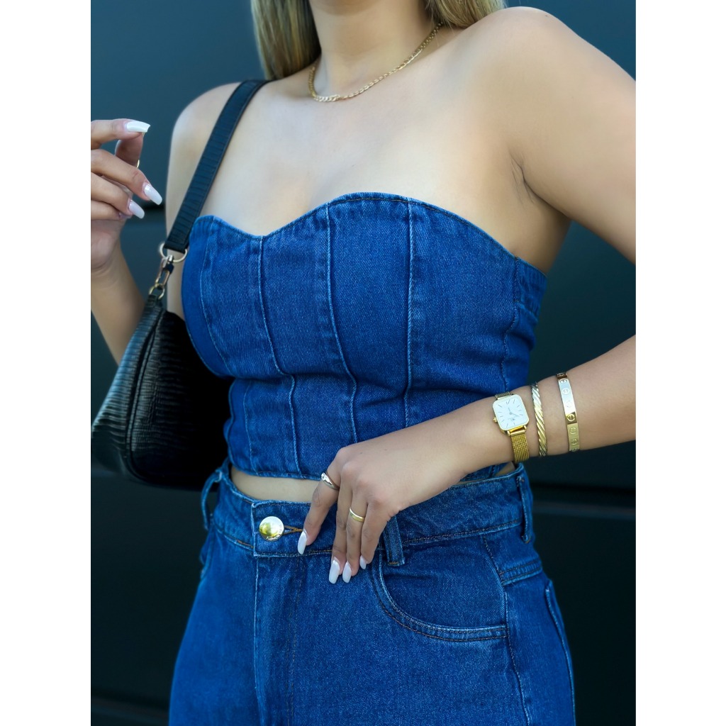 kissmelady 8108 8282 cropped jeans feminina top faixa blusa tem ziper em Oferta na Shopee