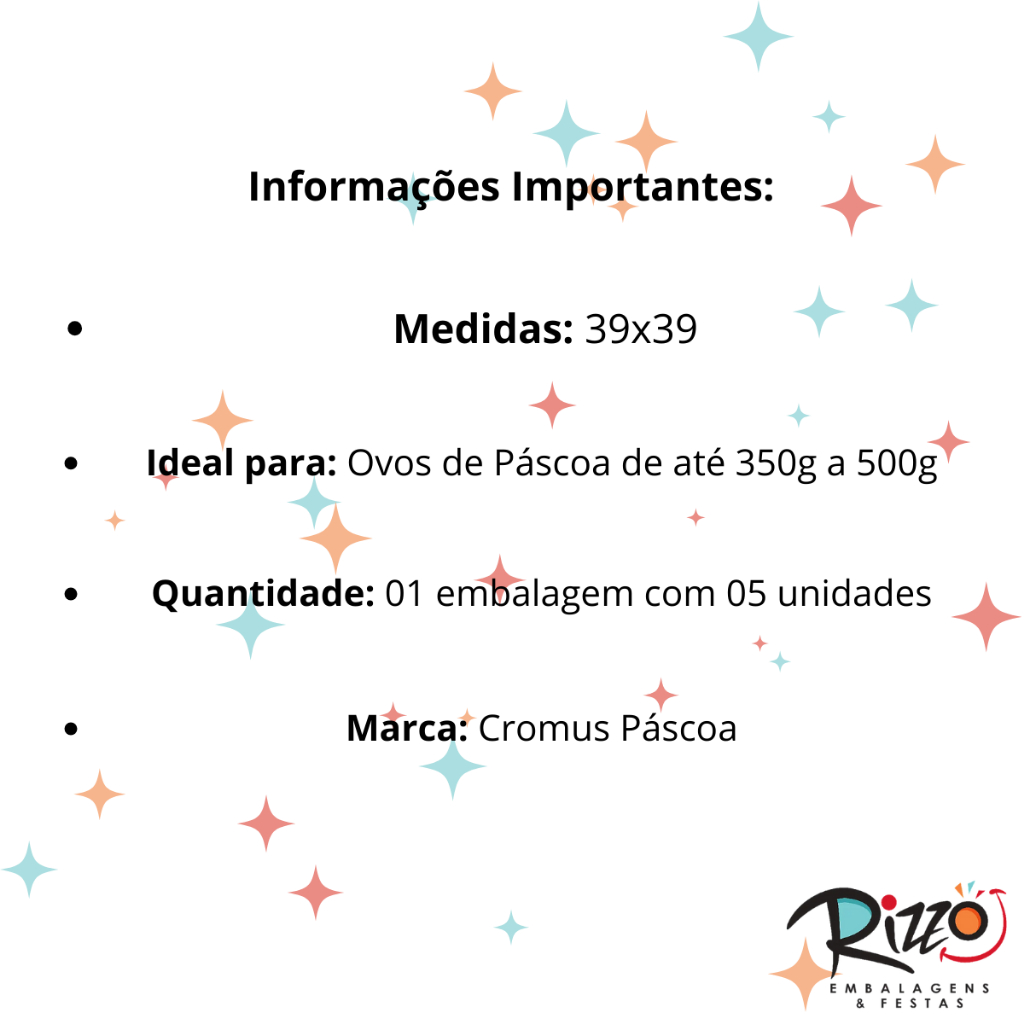 Detalhes do Saco Express 39x39cm para Ovos de 350g a 500g - Chocoarte Branco - 5 unidades - Cromus Páscoa - Rizzo Distribuidora