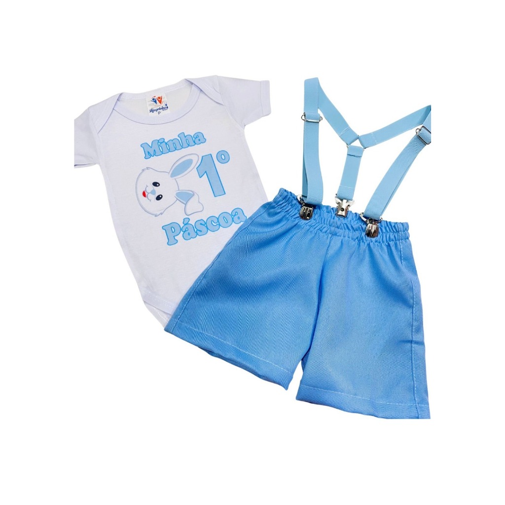Conjunto Menino Infantil Body Minha Primeira Páscoa Coelhinho, Short e Suspensório Roupa Mesversário