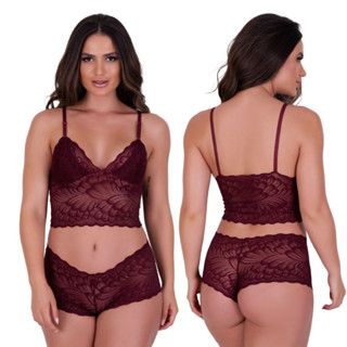 Conjunto Lingerie De Renda Espera Marido Cropped e Calcinha short Sexy