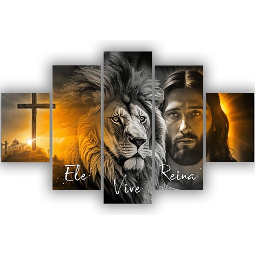 kit Quadro Decorativo Frases Leão Jesus Ele Vive Reina 5 Peças mais vendido ,