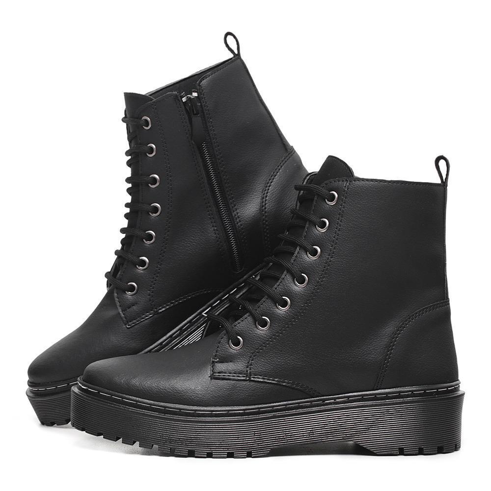 Coturno Feminino Preto Bota Tratorada Solado Plataforma Couro Ecologico
