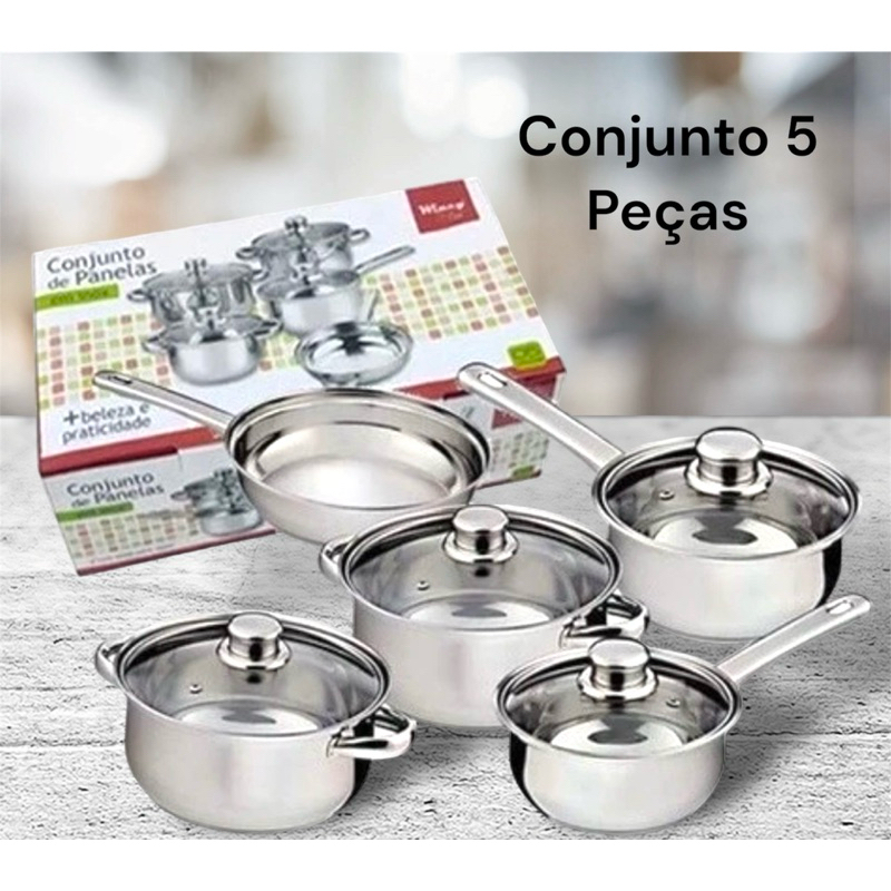 Conjunto De Panelas 5 Peças Inox Com Tampa De Vidro Cozinha Doméstico Multiuso Presente Resistente Rio Grande Do Sul