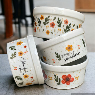 04 Potes Grande Porcelana Floral Decoração 210 ml