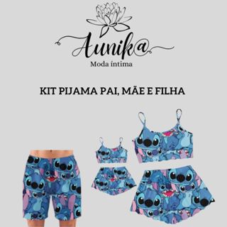 Kit 3 Pijama Baby Doll Stitch Família Pai Mãe e Filha Samba Canção
