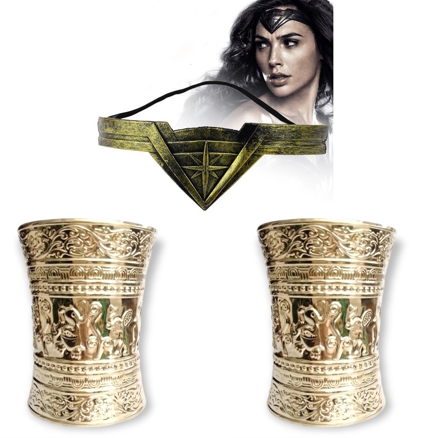 Tiara Mulher Maravilha Kit Fantasia Tiara + Bracelete Pulseira Grande Dourado Festa Carnaval Cosplay