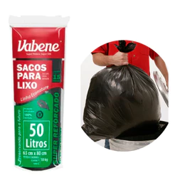 Saco De Lixo Preto 50L Extra Forte Reforçado Pacote Com 15 Unidades 63x80Cm - Vabene