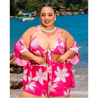 Conjunto plus size kimono 3 peças (Top Short e Kimono moda gringa casual