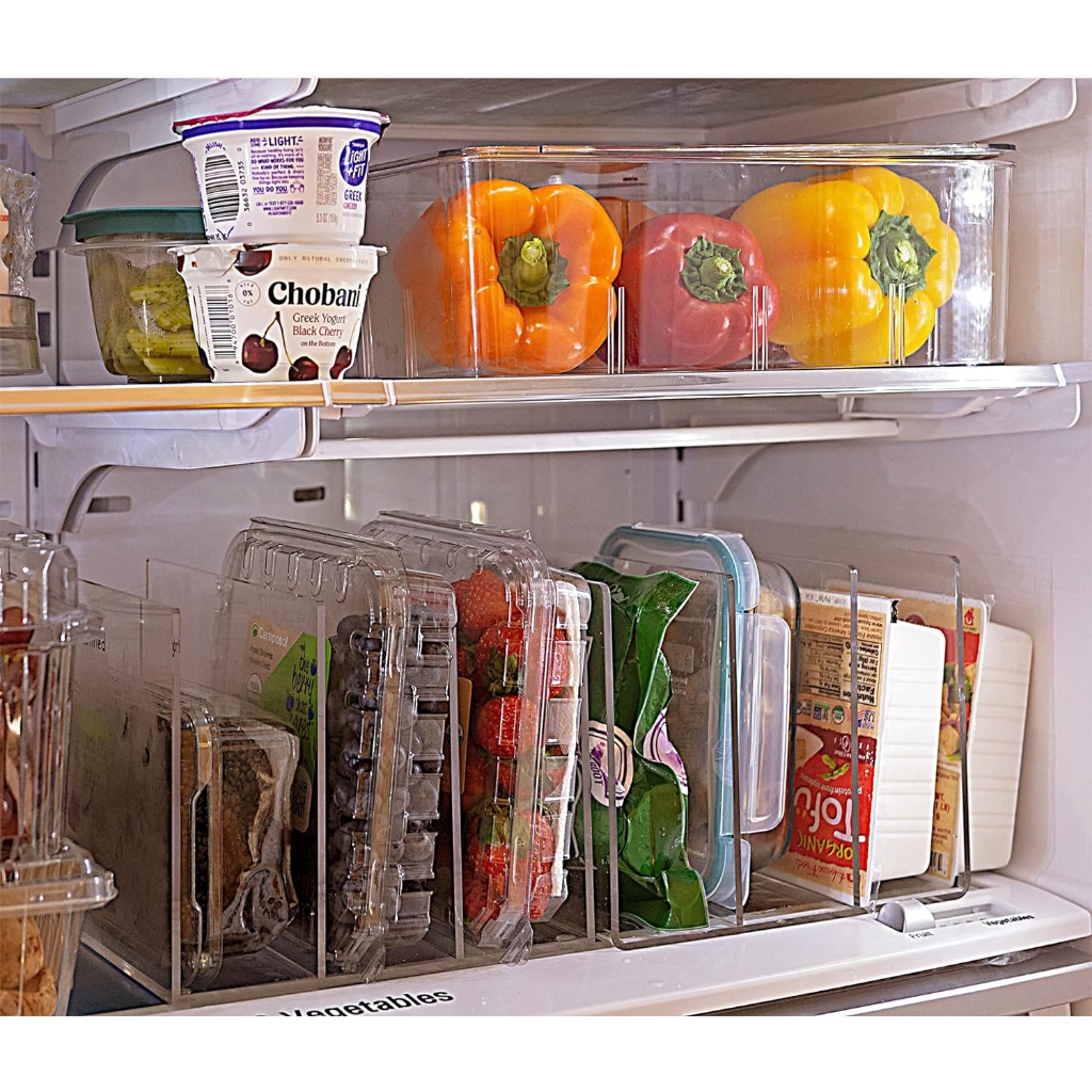 Organizador acrílico para geladeira com divisórias verticais para armazenar caixas de frutas, frios, bandejas, livros e carteiras - Geladeira, escritório, 1 peça.