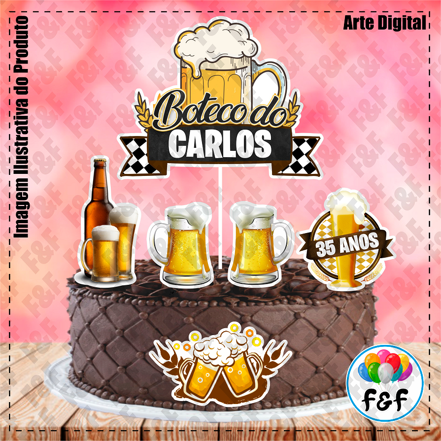 Topper Topo de Bolo Personalizado C/ Nome E Idade Boteco Buteco Bar