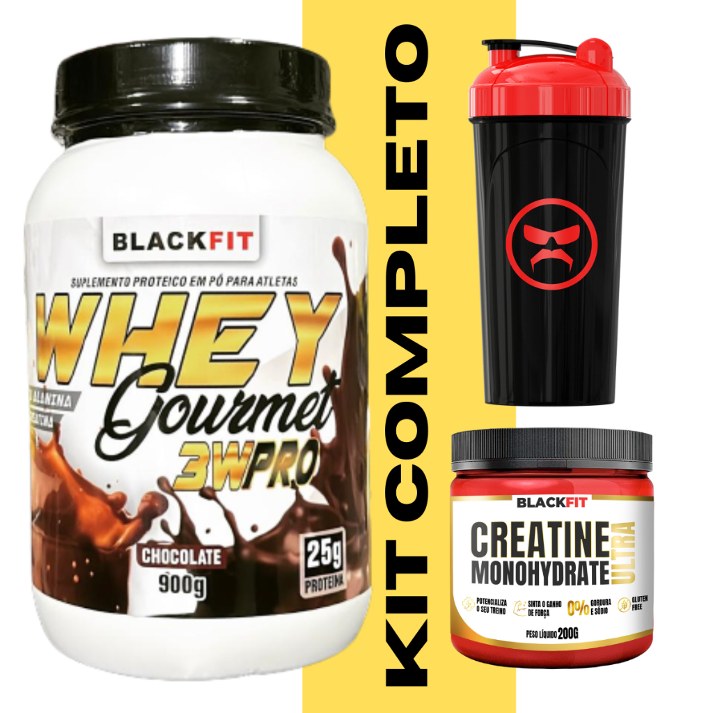 KIT Whey + creatina + Coqueteleira Melhor que Max Titanium Black Skull Growth Pro Fit creatina Pre treino Massa muscular [wg+crea+cok]]
