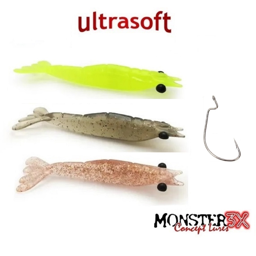 Isca Monster 3x Camarão ULTRASOFT 7,5cm Cartela Com 3 Unidades + Anzol Offset em Oferta na Shopee