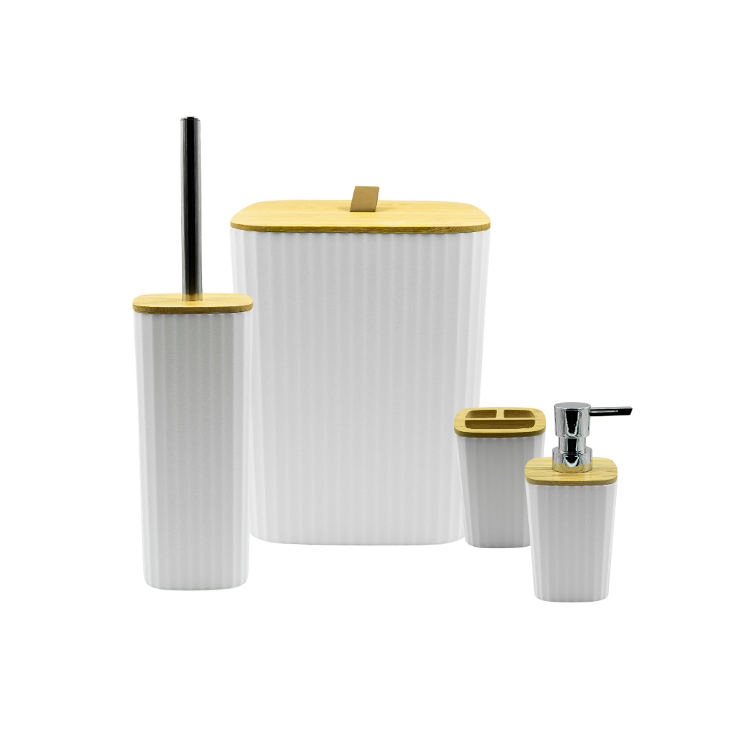 Kit banheiro 4 peças tampa bambu lixeira banheiro 5 litros escova sanitária