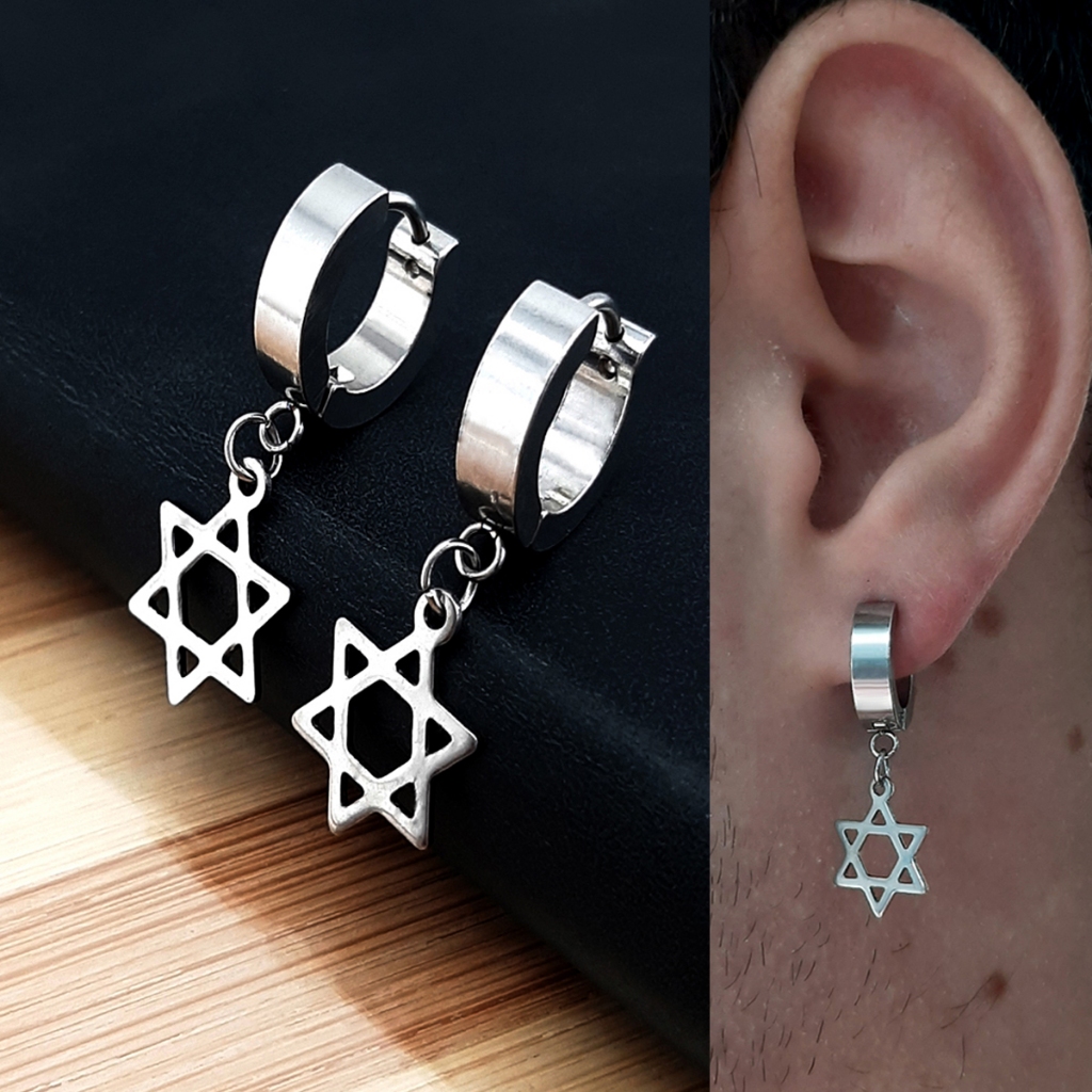 Par de Brincos Argola Estrela Masculino Feminino Aço Inoxidável Prata em Oferta na Shopee