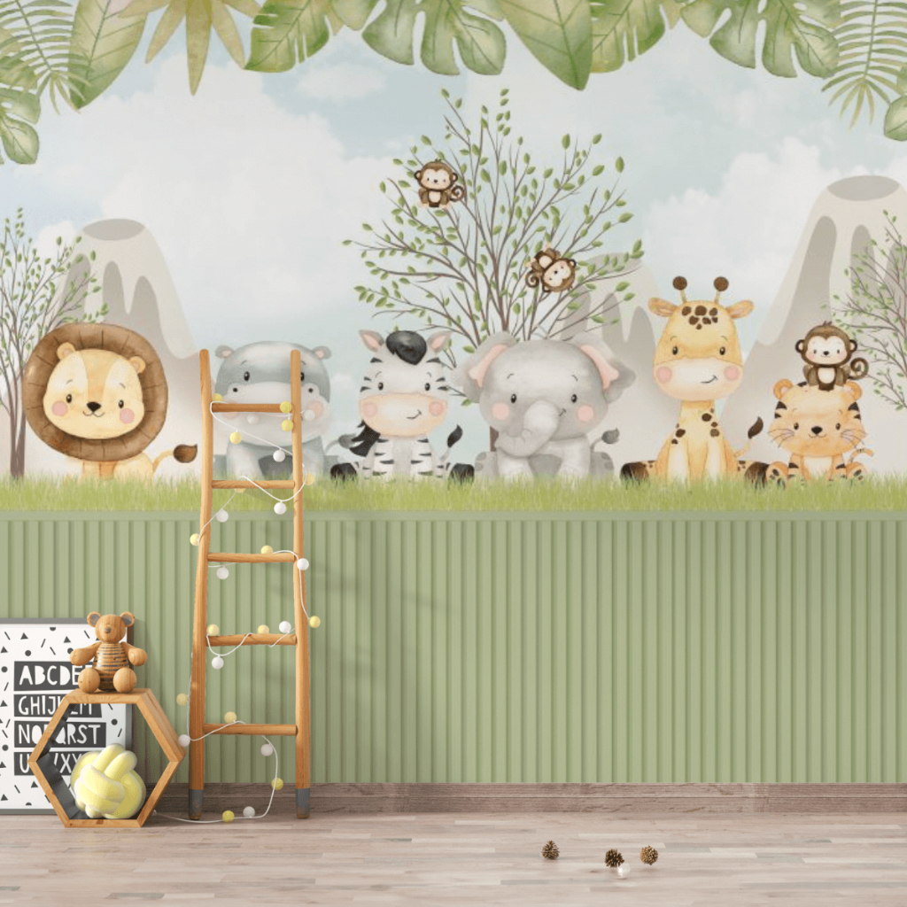 Papel de Parede Safari Animais Fofinhos - Infantil - Quarto de Bebê Fofo Decor m² (orçamento)