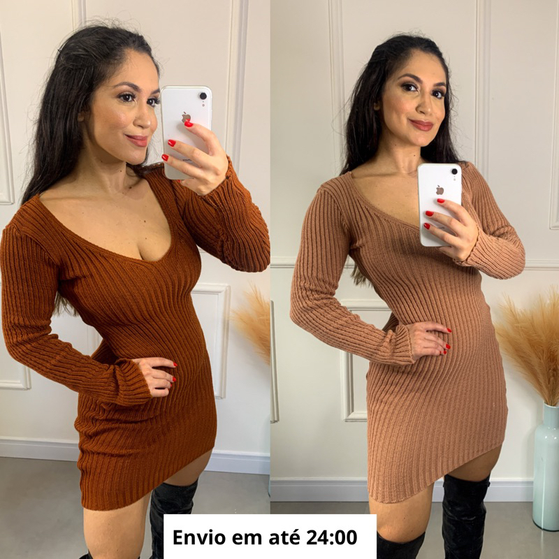 VESTIDO FEMININO DE TRICÔ  canelado manga longa tubinho curto decote v tricot vestido de frio inverno outono