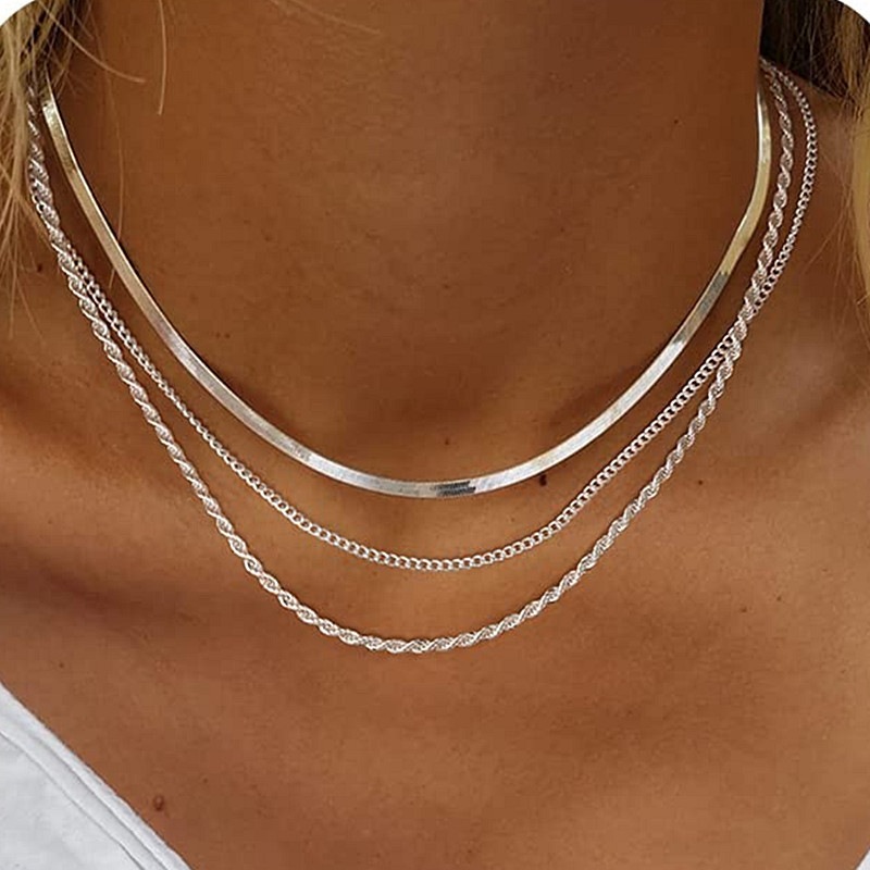 Colar Feminino de 3 Camadas Prata - Colar Herringbone, Corrente Choker, Cordão Baiano