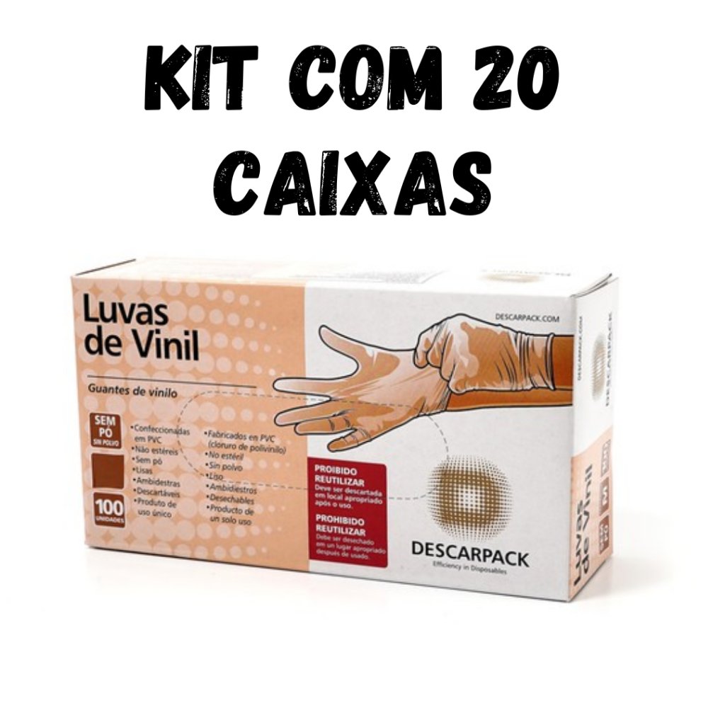 Kit com 20 caixas de Luva de Vinil Sem Pó com 100un