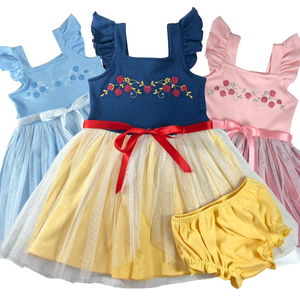 Vestido infantil fantasia princesas Disney branca de neve cinderela bela adormecida com cobre fralda