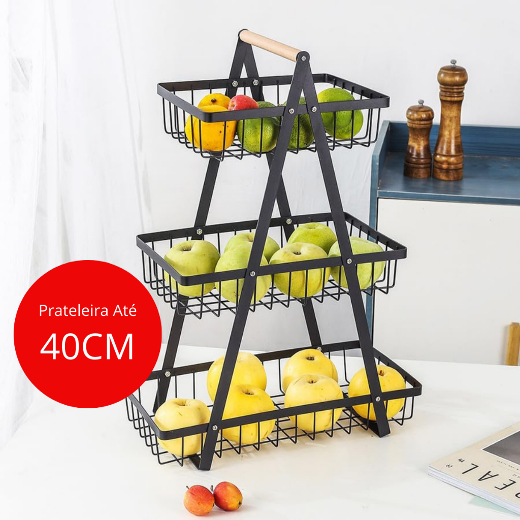 Cesto Fruteira de Mesa 40cm Aramado até 3 Andares em Metal Organizador Multiuso Frutas Leg...
