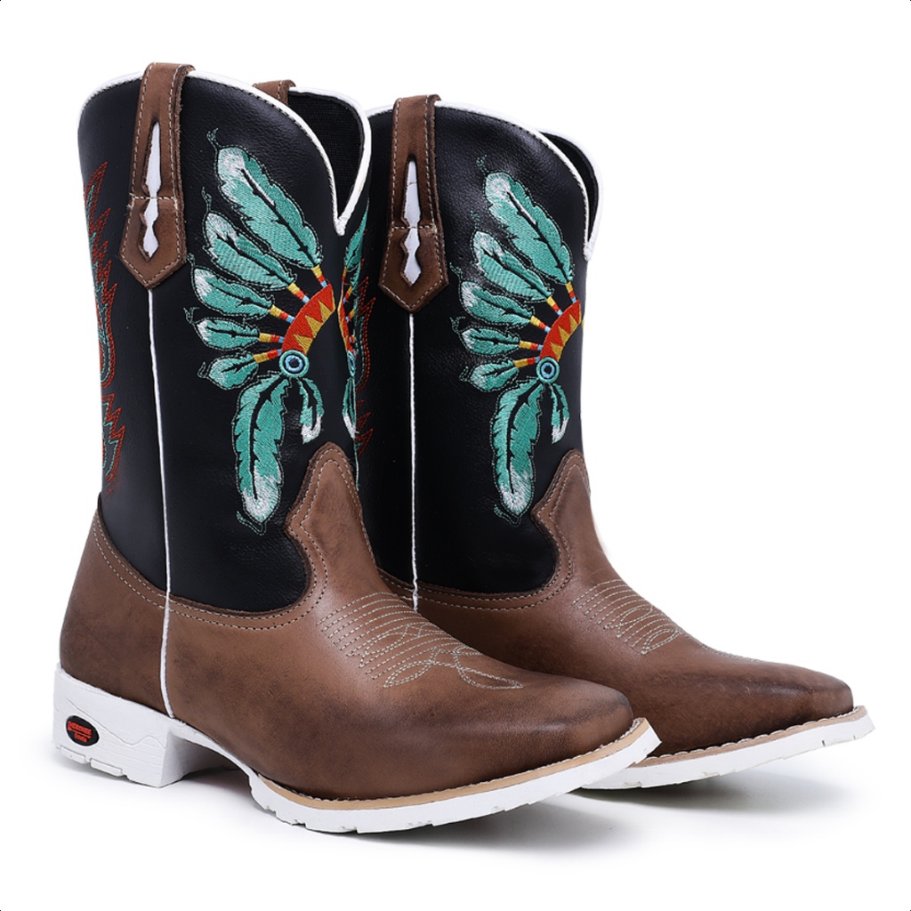 Texana Masculina Sola Branca Bota Bico Quadrado Botina Country Cano Medio Bordado Cocar Indio Texas