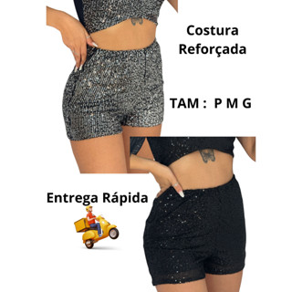 Shorts Feminino Paetê Forrado Moda Balada Brilho Curto Luxo Festa Promoção Cintura Alta Ano Novo em Oferta na Shopee