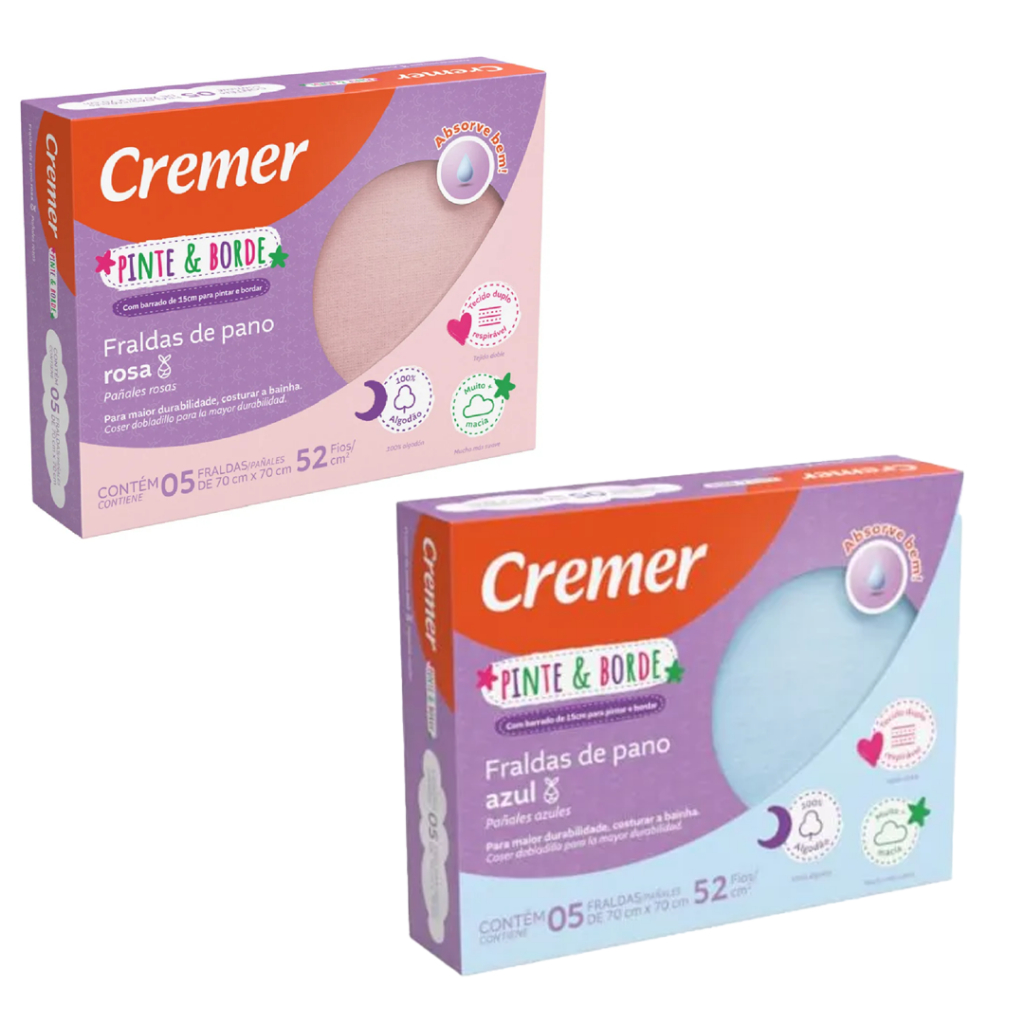 Fralda de Pano Pinte e borde Cremer Luxo Rosa ou Azul 5 unidades