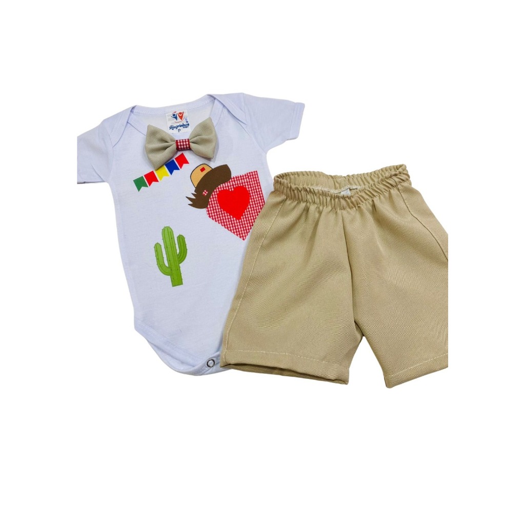 Roupa Festa Junina Bebê Menino Mesversário Conjunto Infantil Temático Body Gravatinha e Short
