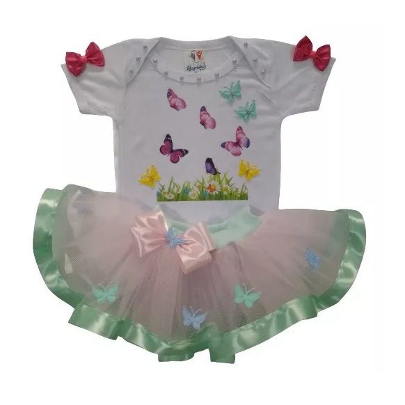 Conjunto Tutu Jardim Borboletas Bebê Menina Body e Saia Tutu Mesversário Aniversário Infantil
