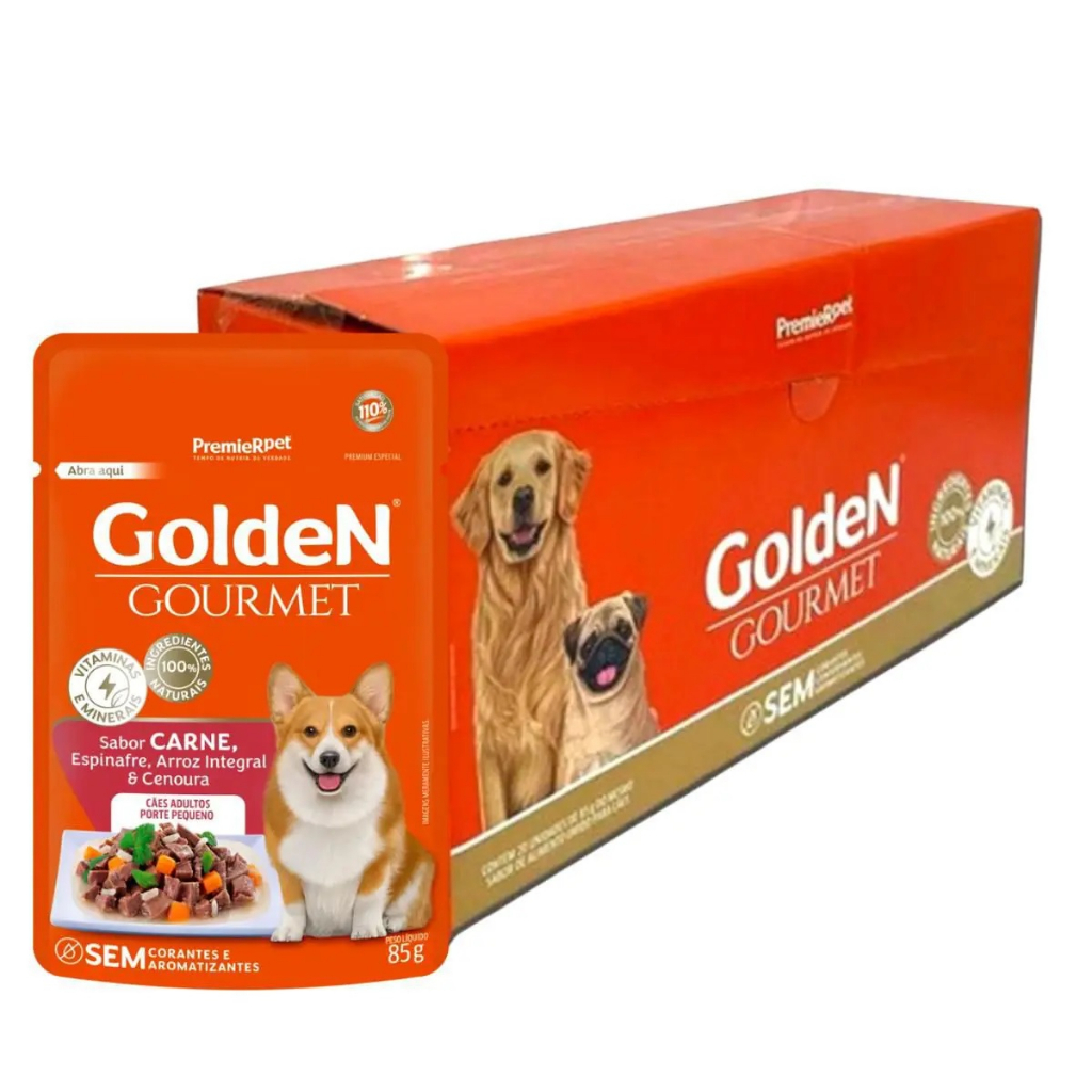 Caixa 20un Ração Úmida Sachê Golden Gourmet Cães Adultos Porte Pequeno Carne 85g em Oferta na Shopee