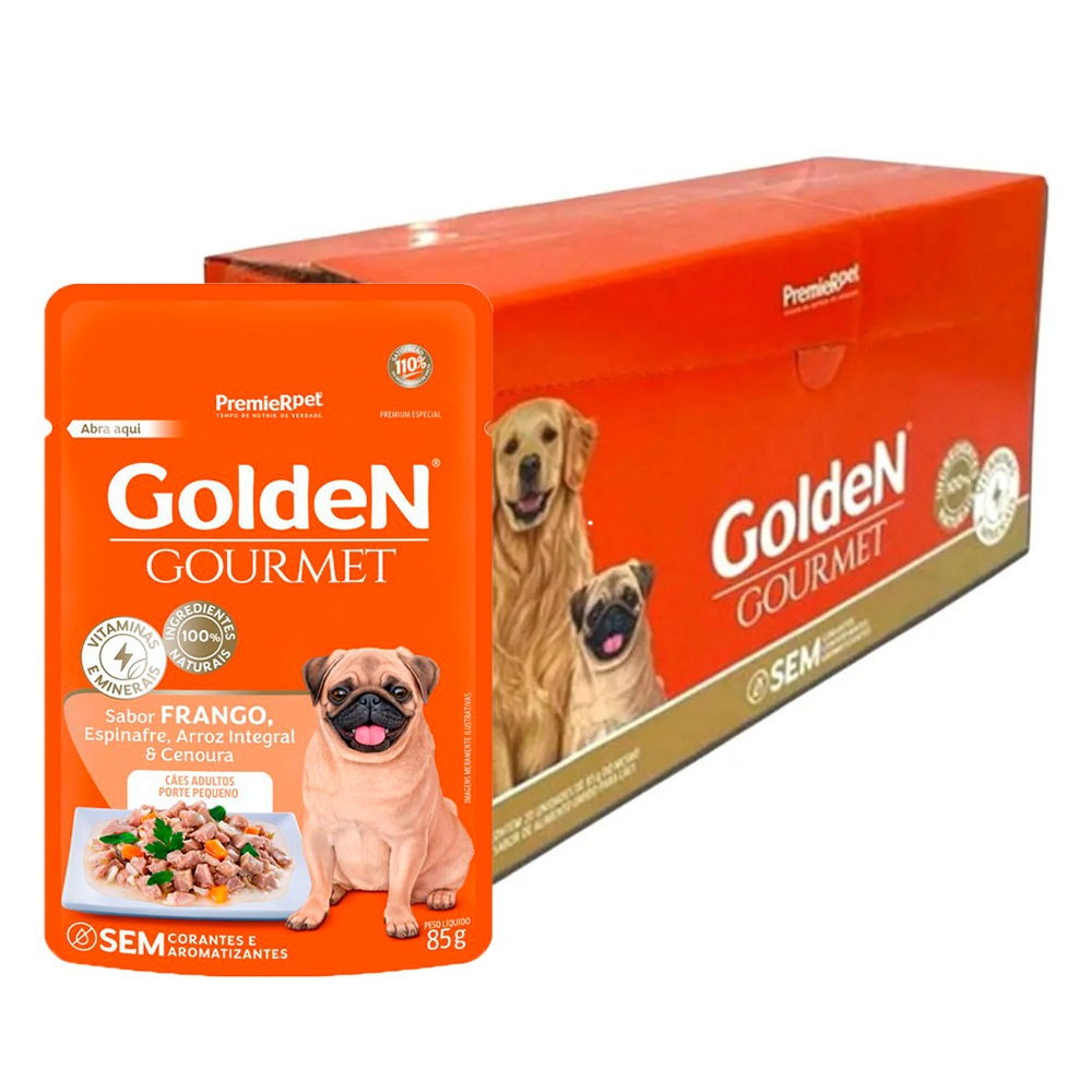 Caixa 20un Ração Úmida Sachê Golden Gourmet Cães Adultos Porte Pequeno Frango 85g