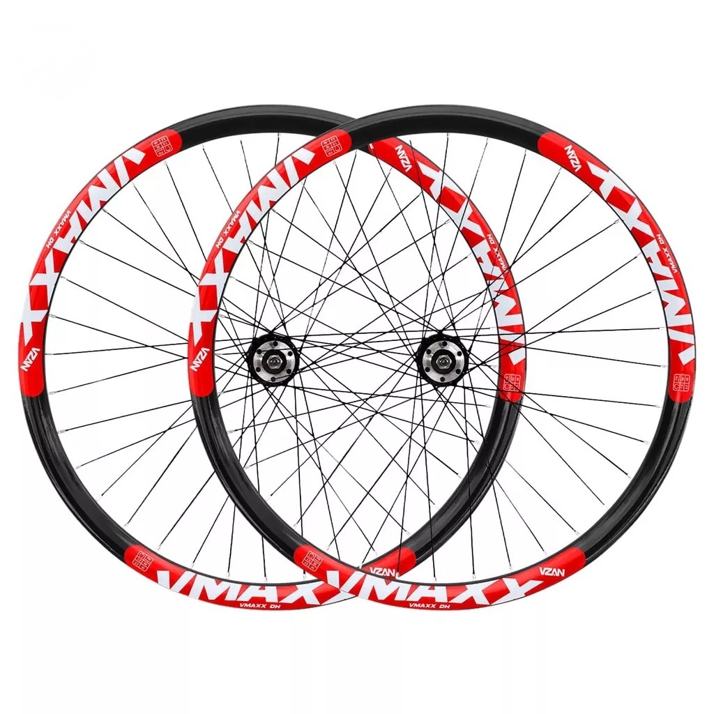 Par 2 Aro Preto/Vermelho Vzan Vmaxx Aro 26 Montado Parede Dupla Reforçado Dh Paredão Para  Freio A Disco + Raios Finos Pretos + Cubos Aço 36F  Par Roda Preto Montada