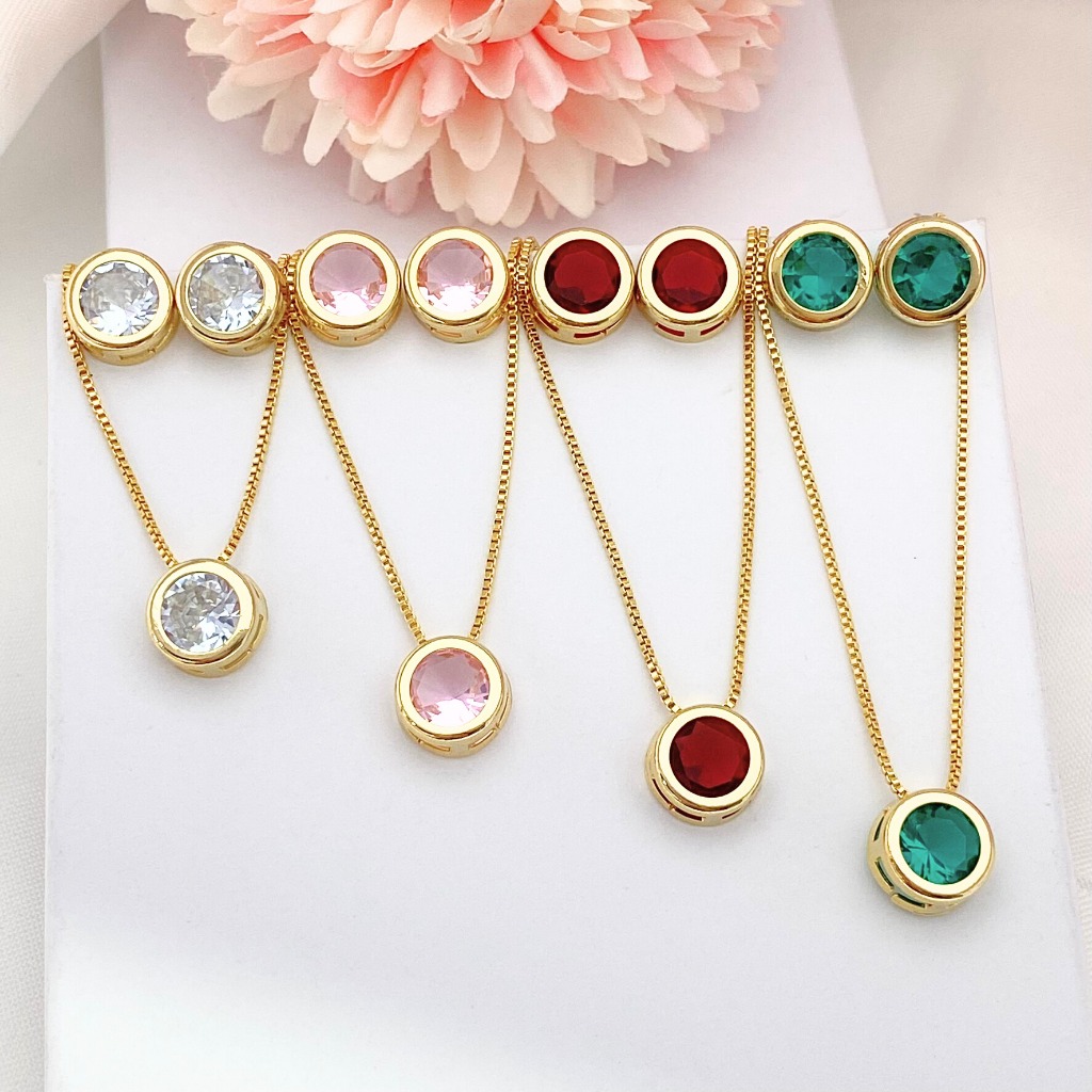 CONJUNTO FEMININO KIT COLAR E BRINCO REDONDO PONTO DE LUZ PEDRA