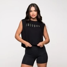 Regata Fitness Feminina Academia Viscolycra Basica Preta Com Estampa Intense Cropped Feminino