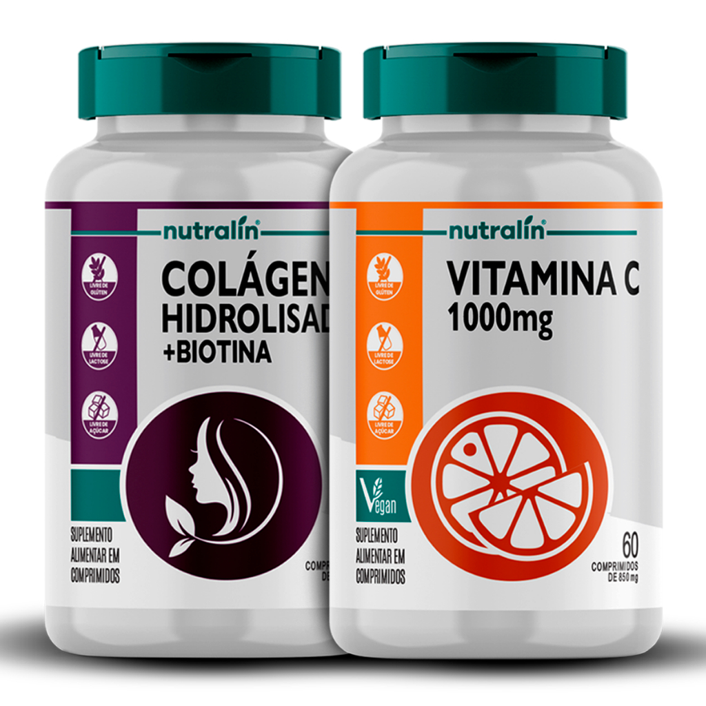 Kit Unhas e Cabelos Fortes: Colágeno Hidrolisado C/ Biotina + Vitamina C 1000g Vegana - Nutralin