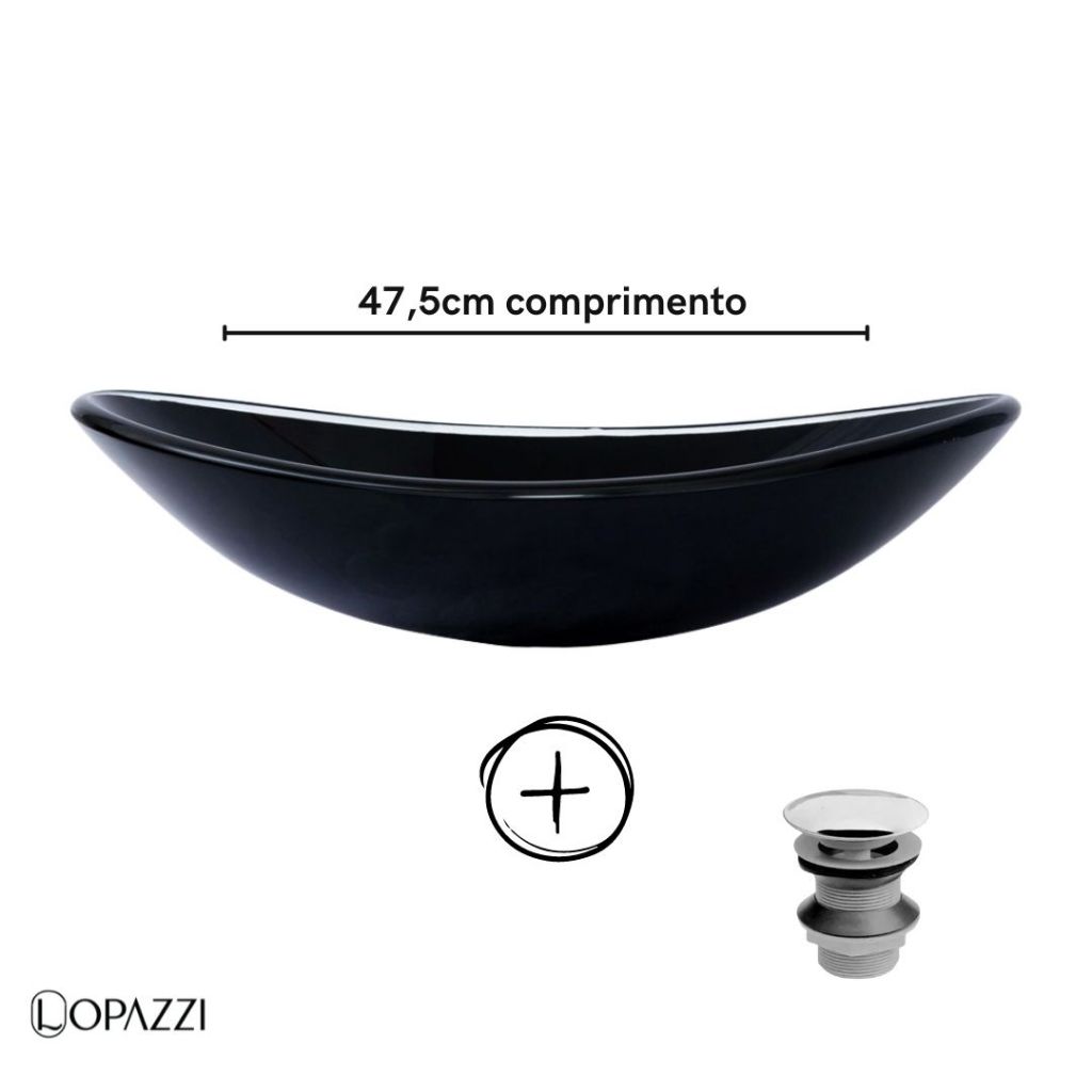KIT LOPAZZI CUBA DE VIDRO OVAL CANOA PARA BANHEIROS E LAVABOS + VÁLVULA CLICK UP INOX INCLUSA - CORES BRILHANTES